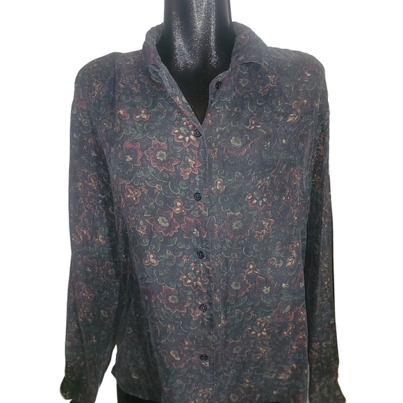 Vintage Essential Needs Floral Print 100% Silk Shirt L - Picture 1 of 7